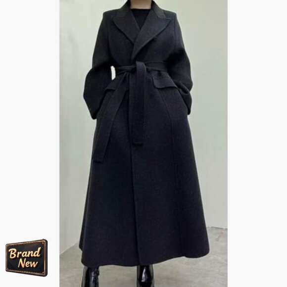 Long Wool Pea Coat Double Breasted Trench Belted Winter Overcoat - Picture 2 of 4